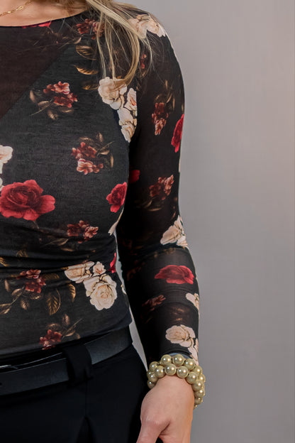 Feines Shirt mit Blütenprint, schwarz