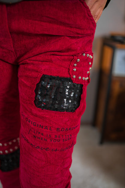 Patch-Jogpant mit Glitzer & Nieten, rot