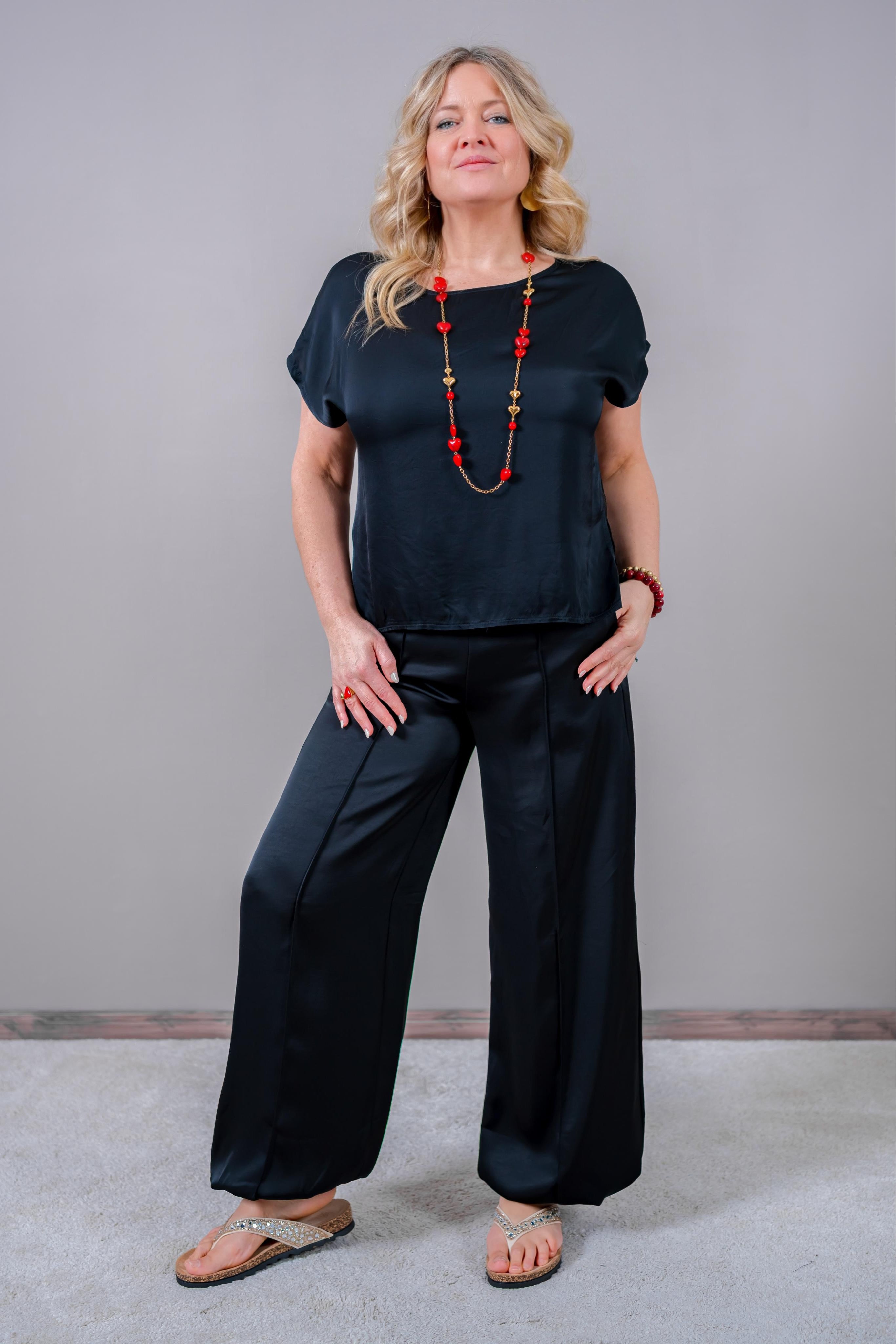 Spitzen-Satin-Shirt Set - Schwarz & Weiß