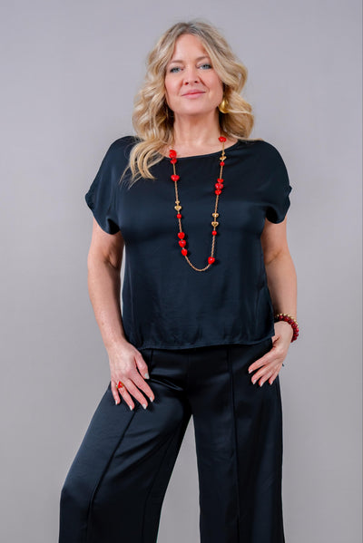 Spitzen-Satin-Shirt in Schwarz