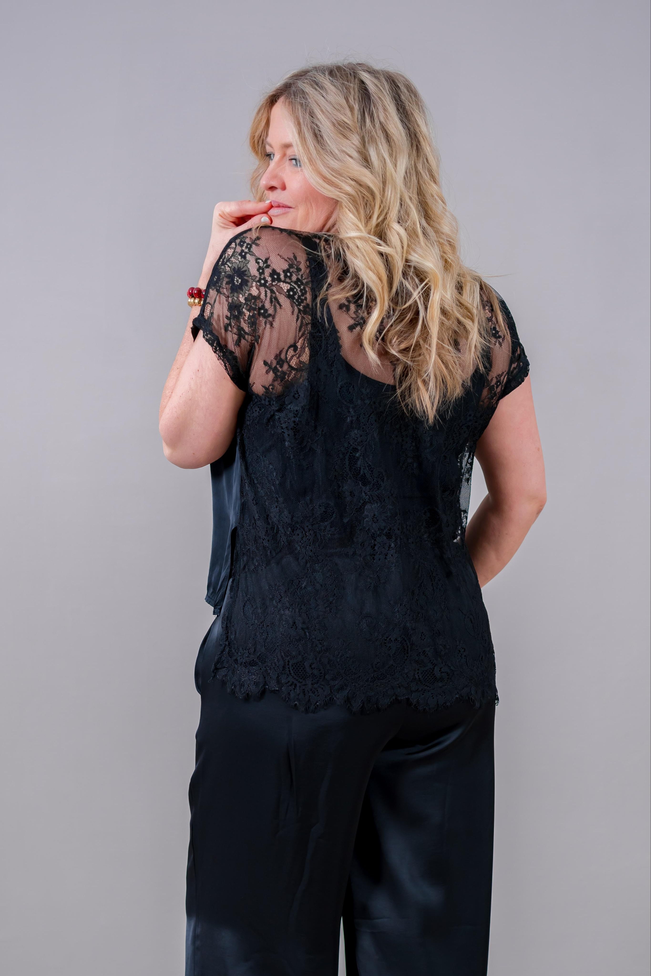 Spitzen-Satin-Shirt Set - Schwarz & Weiß