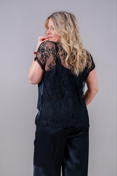 Spitzen-Satin-Shirt Set - Schwarz & Weiß