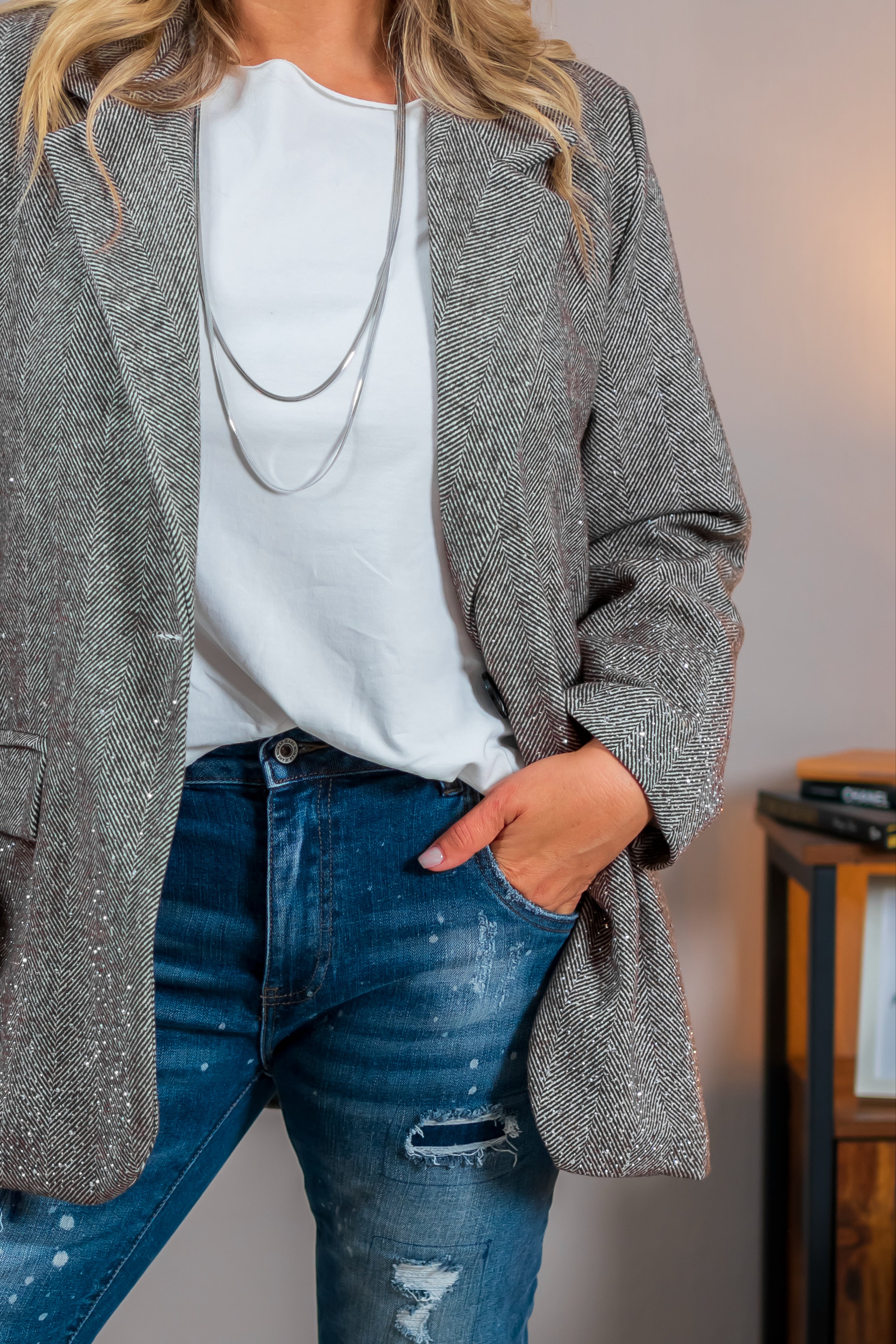 Oversize Blazer mit Strasssteinchen, taupe