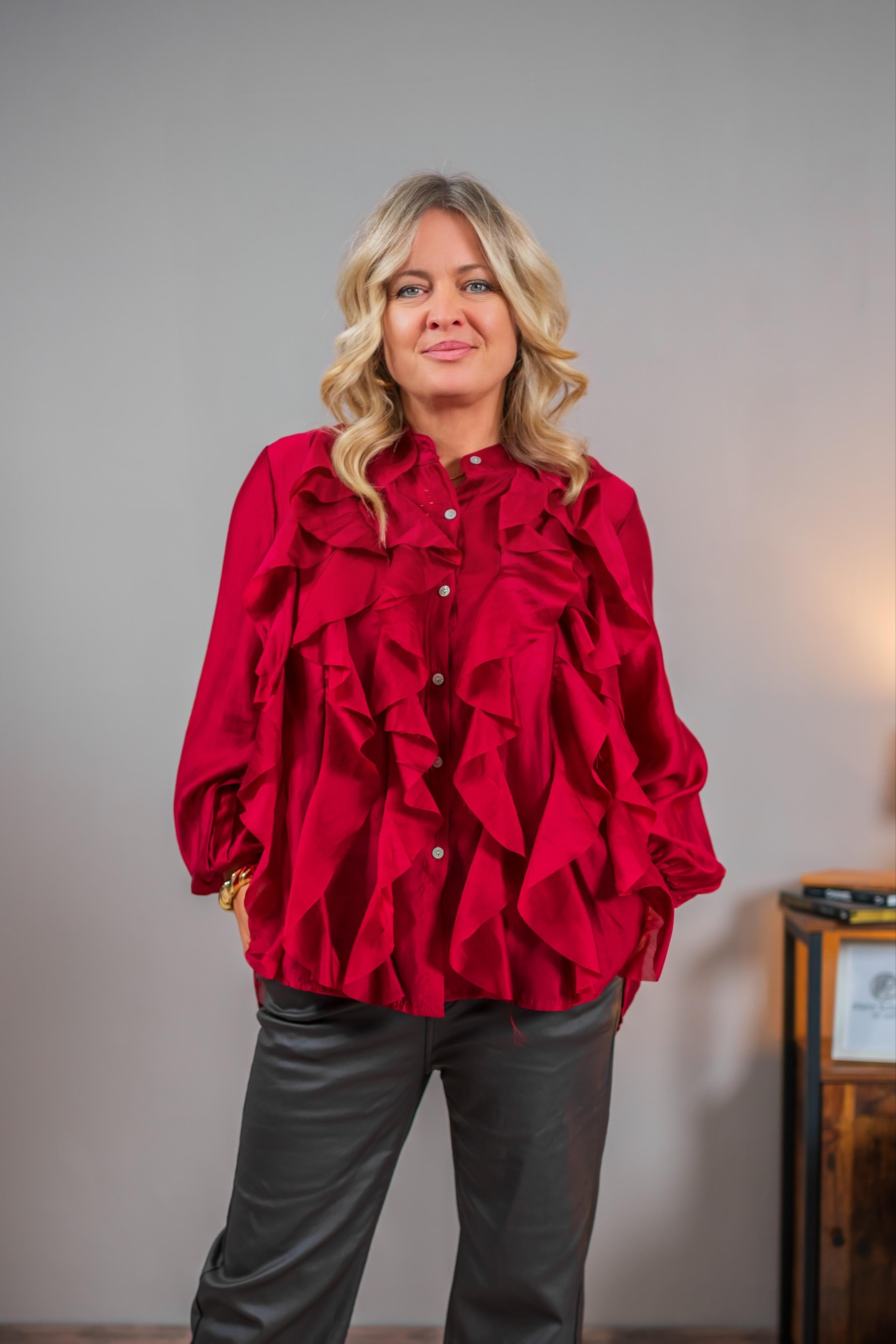 Bluse mit Volants, dunkelrot
