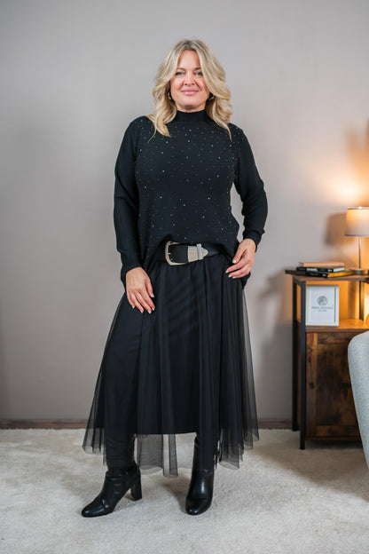 Strickpullover mit Stehkragen und Strasssteinchen, schwarz