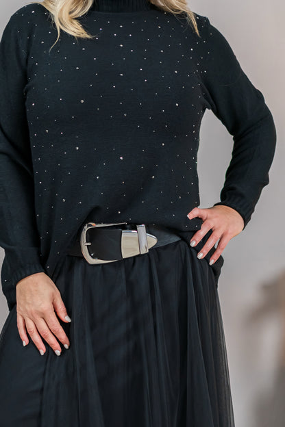 Strickpullover mit Stehkragen und Strasssteinchen, schwarz