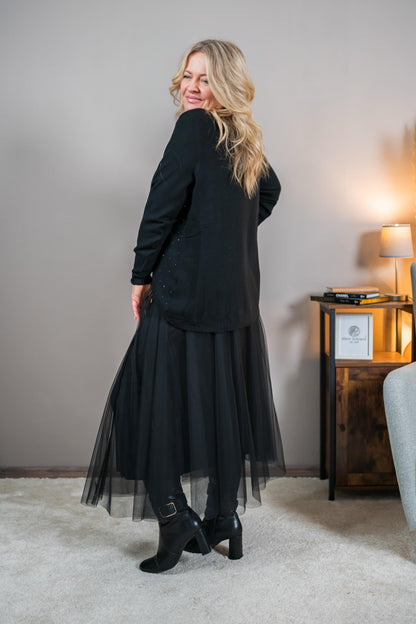 Strickpullover mit Stehkragen und Strasssteinchen, schwarz