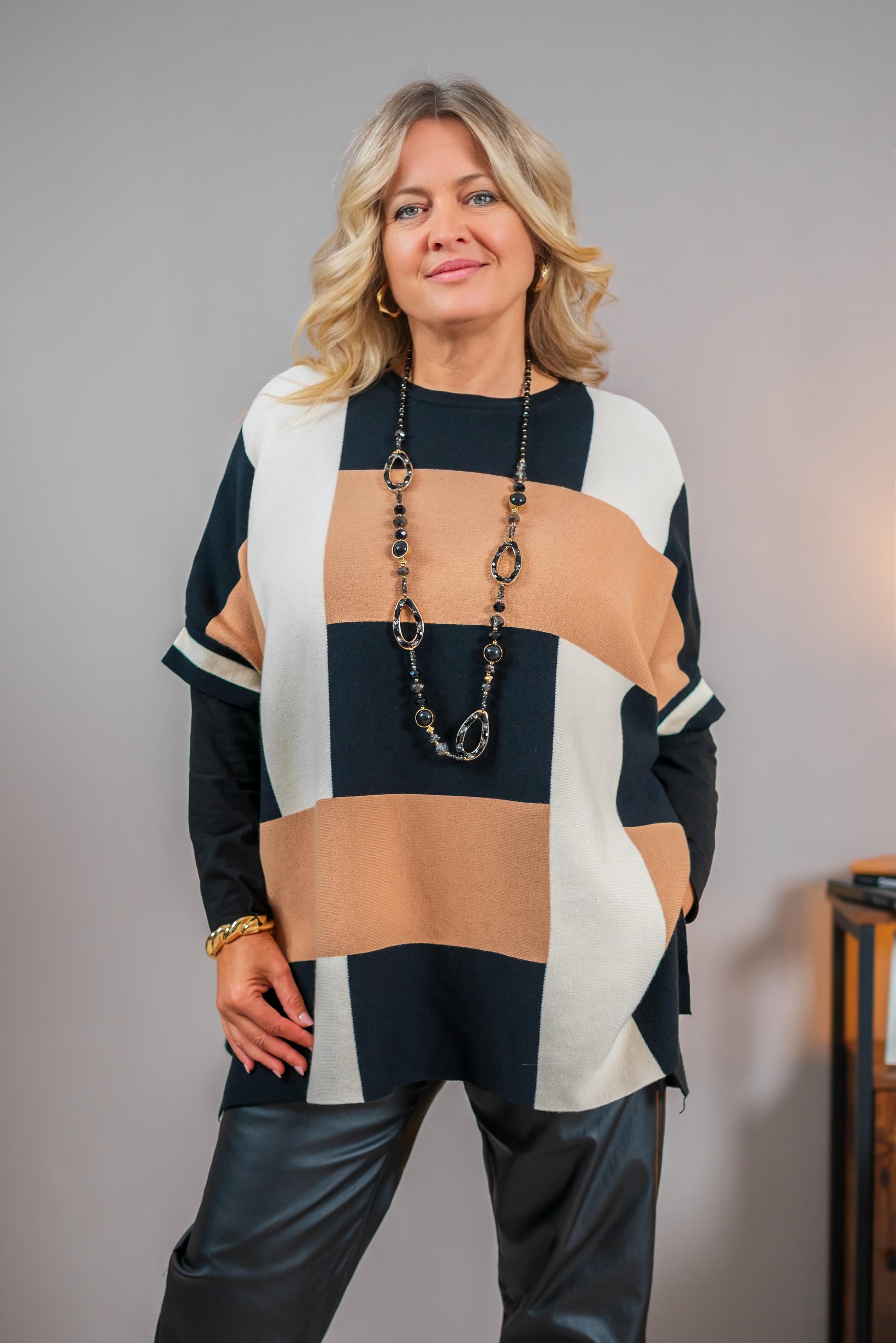 Oversize-Pullover, schwarz-camel-beige