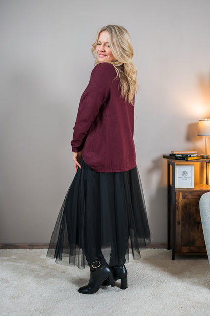 Strickpullover mit Stehkragen und Strasssteinchen, bordeaux