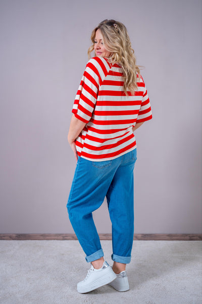 Oversize Shirt im Ringel-Streifen Rot-Creme mit "c'est la vie Paris" Print