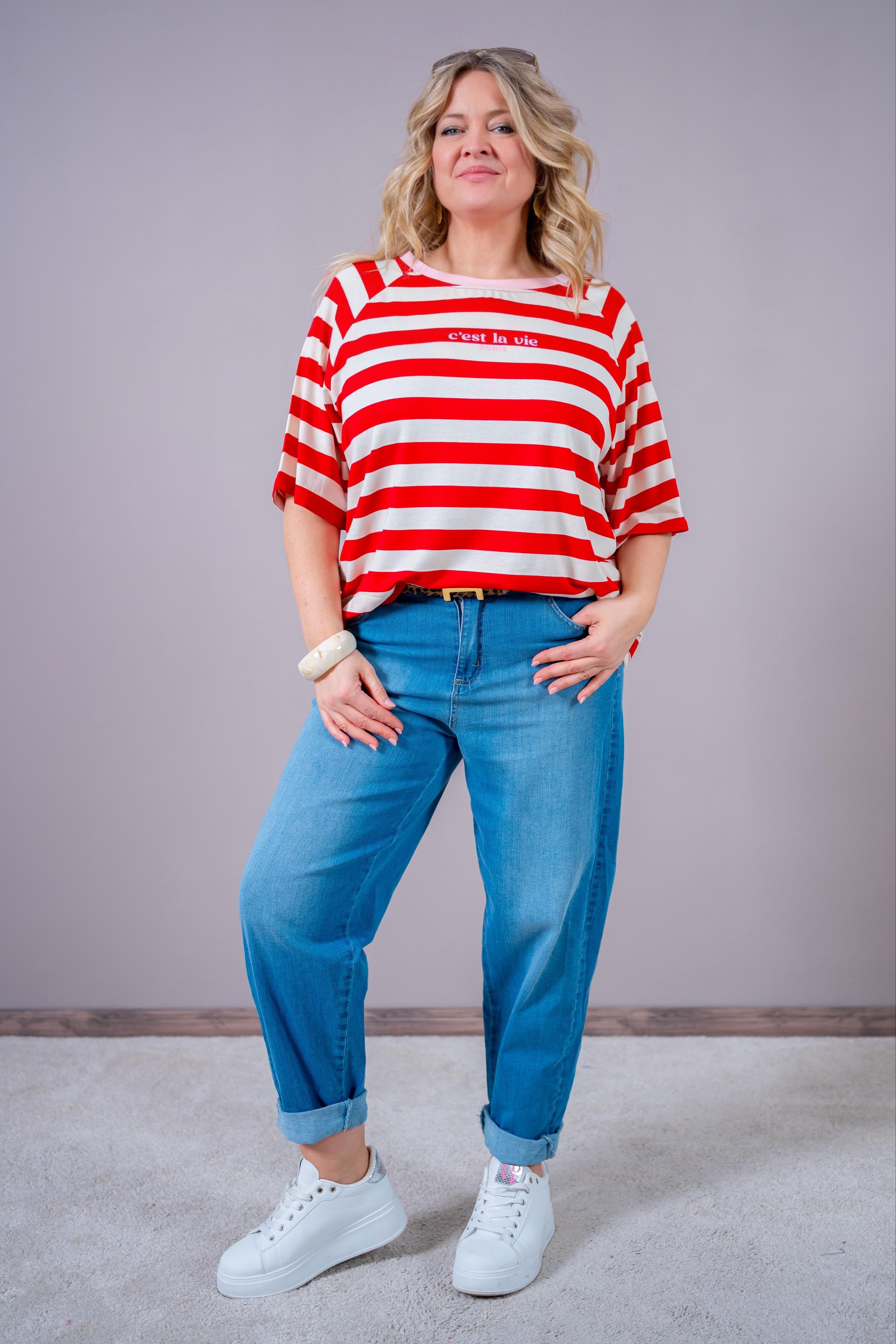 Oversize Shirt im Ringel-Streifen Rot-Creme mit "c'est la vie Paris" Print