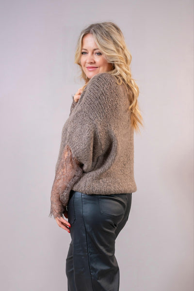 Strickpullover mit Spitzenärmeln, taupe