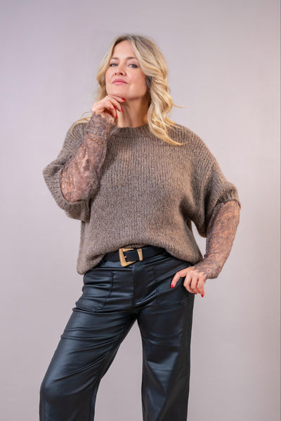 Strickpullover mit Spitzenärmeln, taupe
