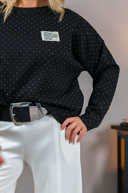 Sweatshirt mit Ziersteinchen und Patch, schwarz