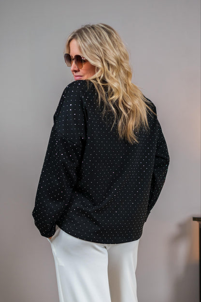 Sweatshirt mit Ziersteinchen und Patch, schwarz