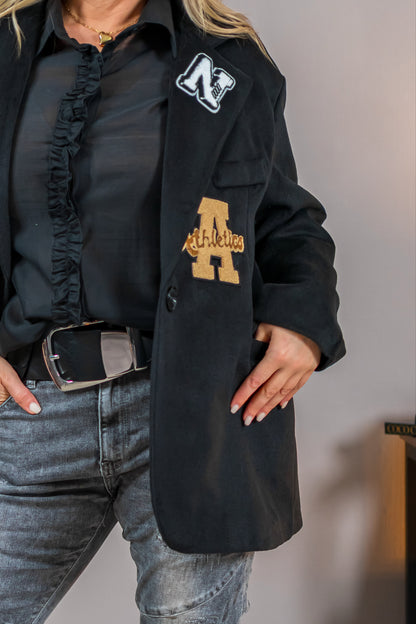 Oversize-Blazer mit Stick-Patches, schwarz