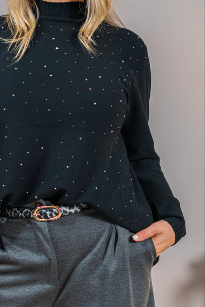 Strickpullover mit Stehkragen und Strasssteinchen, schwarz