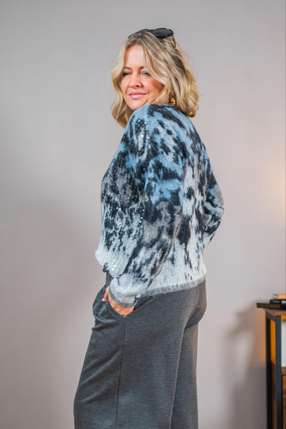 Strickpullover mit Pailletten, grau/schwarz/blau