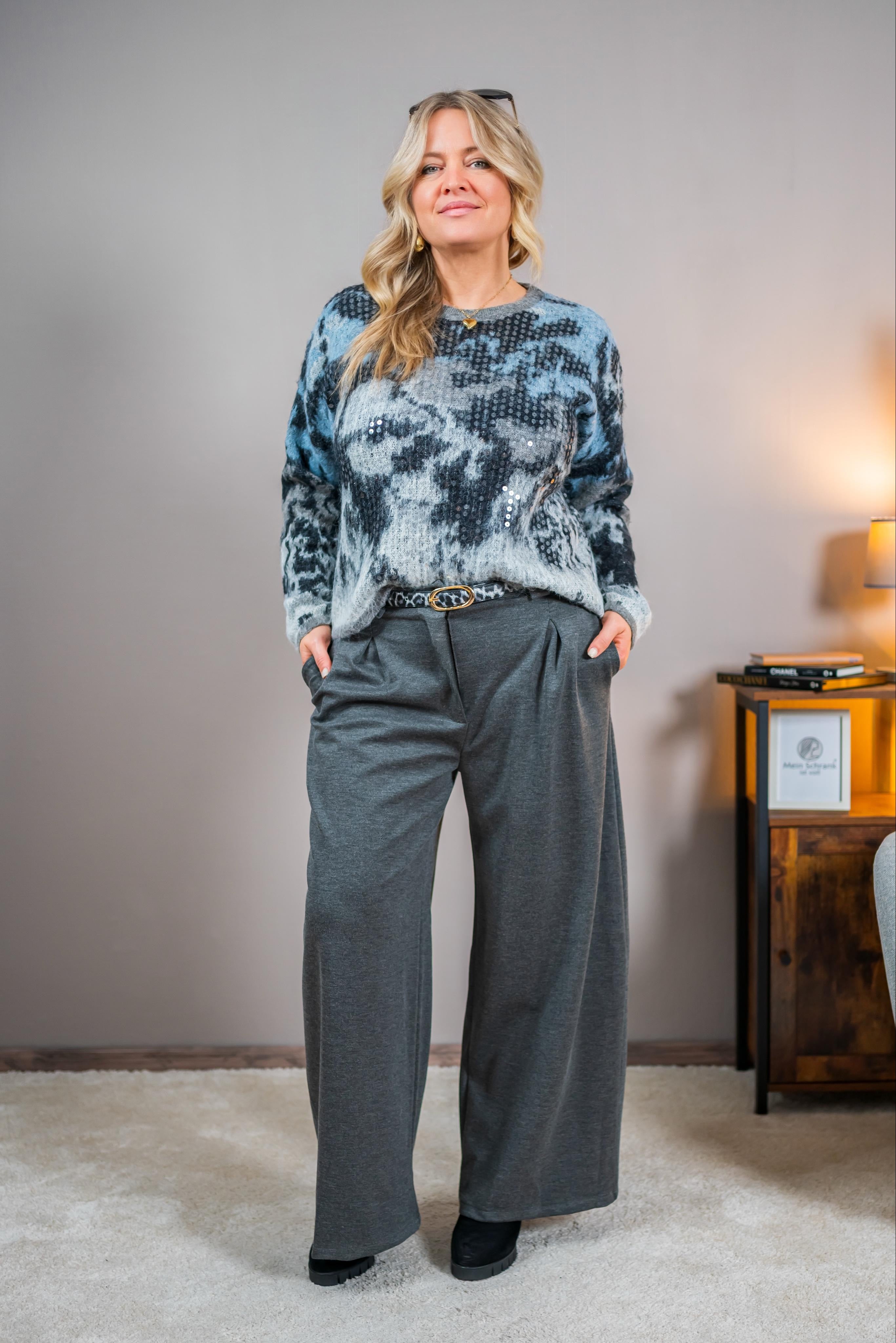 Elegante Stretchhose mit Bundfalten, grau