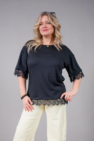 Leichtes Shirt mit Spitzendetail, schwarz