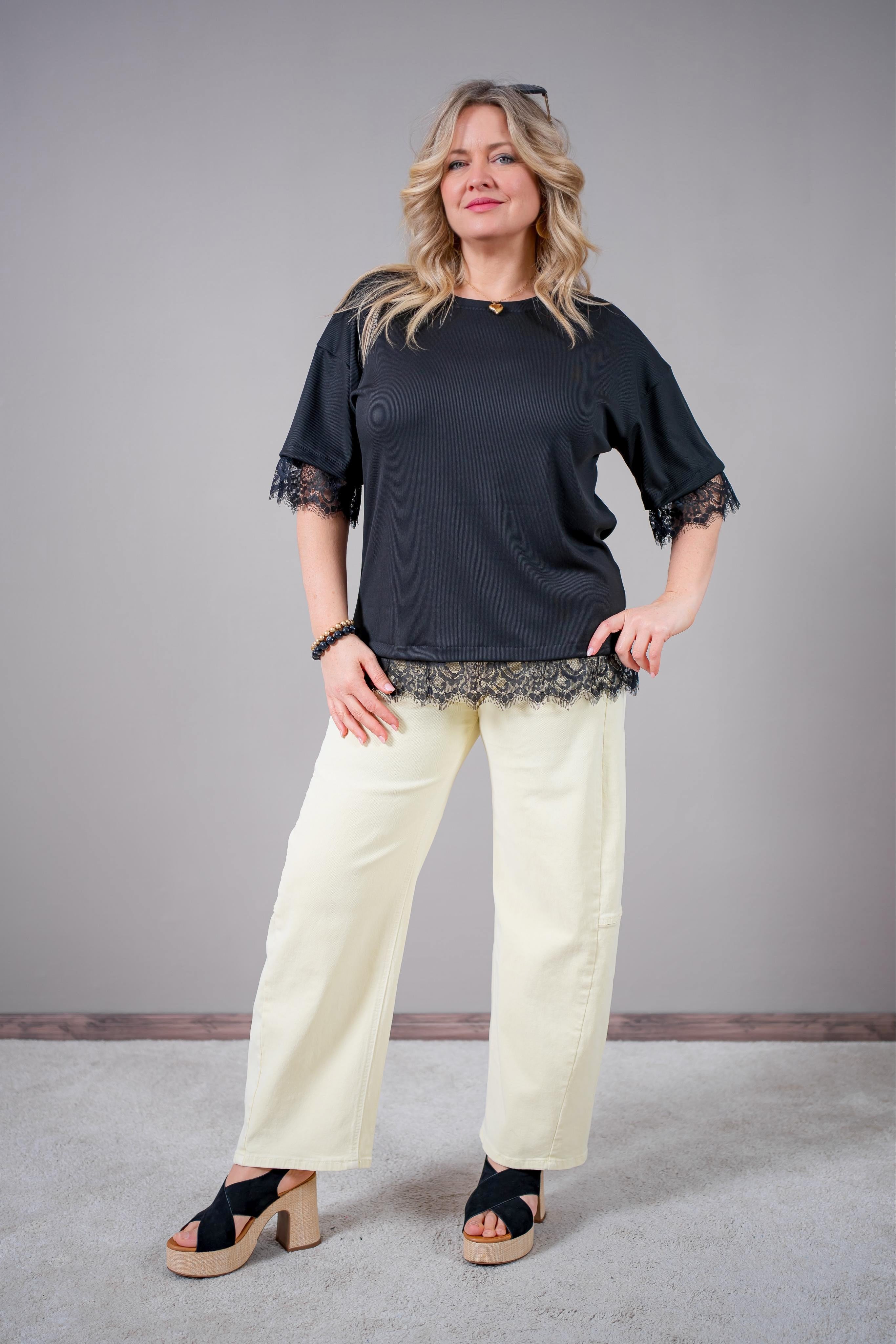 Leichtes Shirt mit Spitzendetail, schwarz