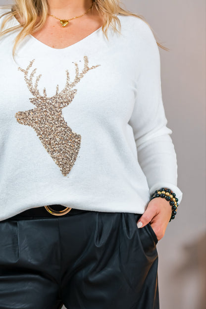 Feinstrickpullover mit Glitzer-Hirschmotiv, off-white