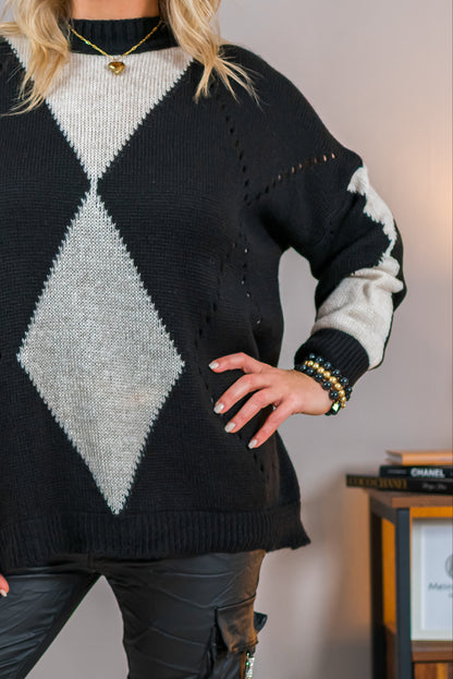 Edler Strickpullover mit Rautenmuster, schwarz/ecru