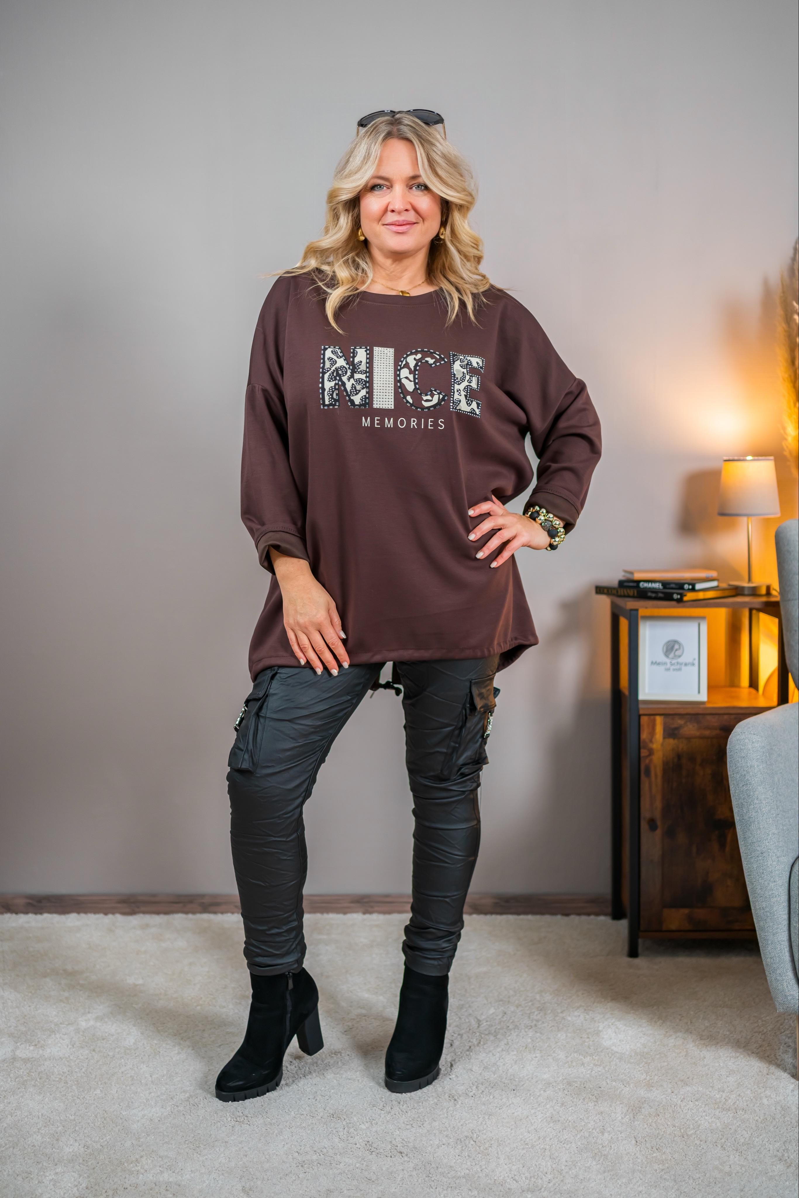 Oversize-Pullover mit Print, schokobraun