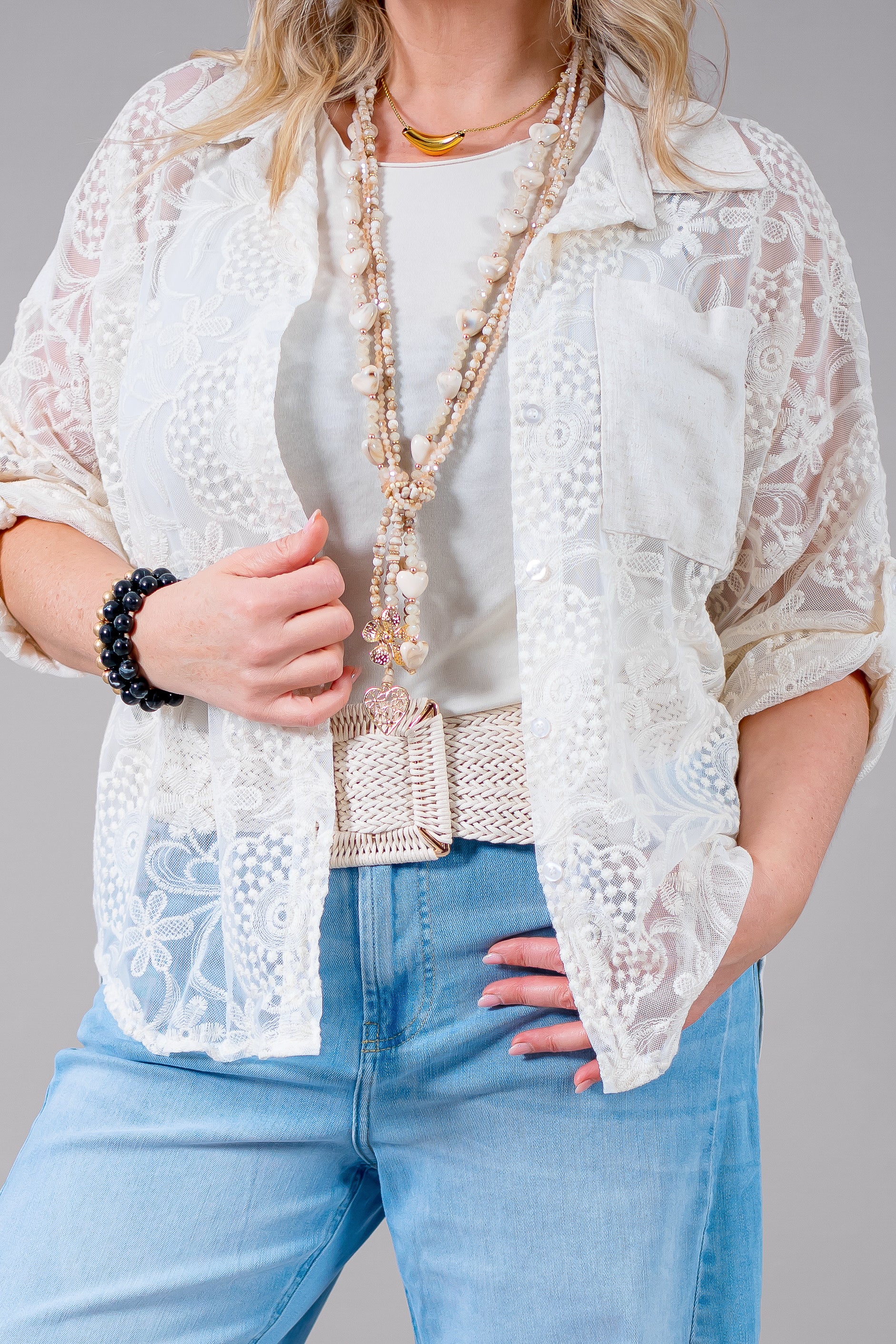 Boho-Bluse mit Stickerei - Beige Transparent