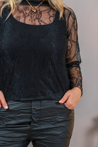 Transparentes Spitzen-Langarmshirt, schwarz