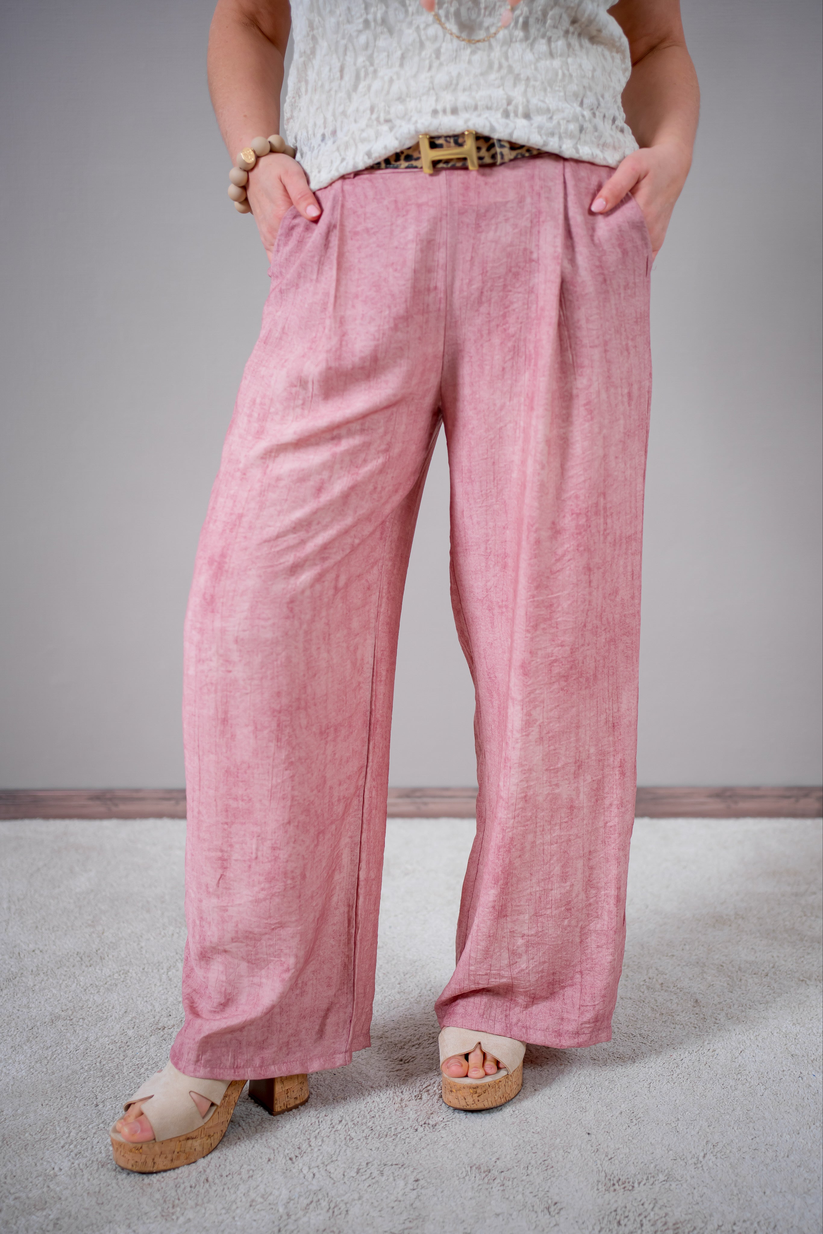 Leichte Hose mit geradem Bein & Gürtel, altrosa