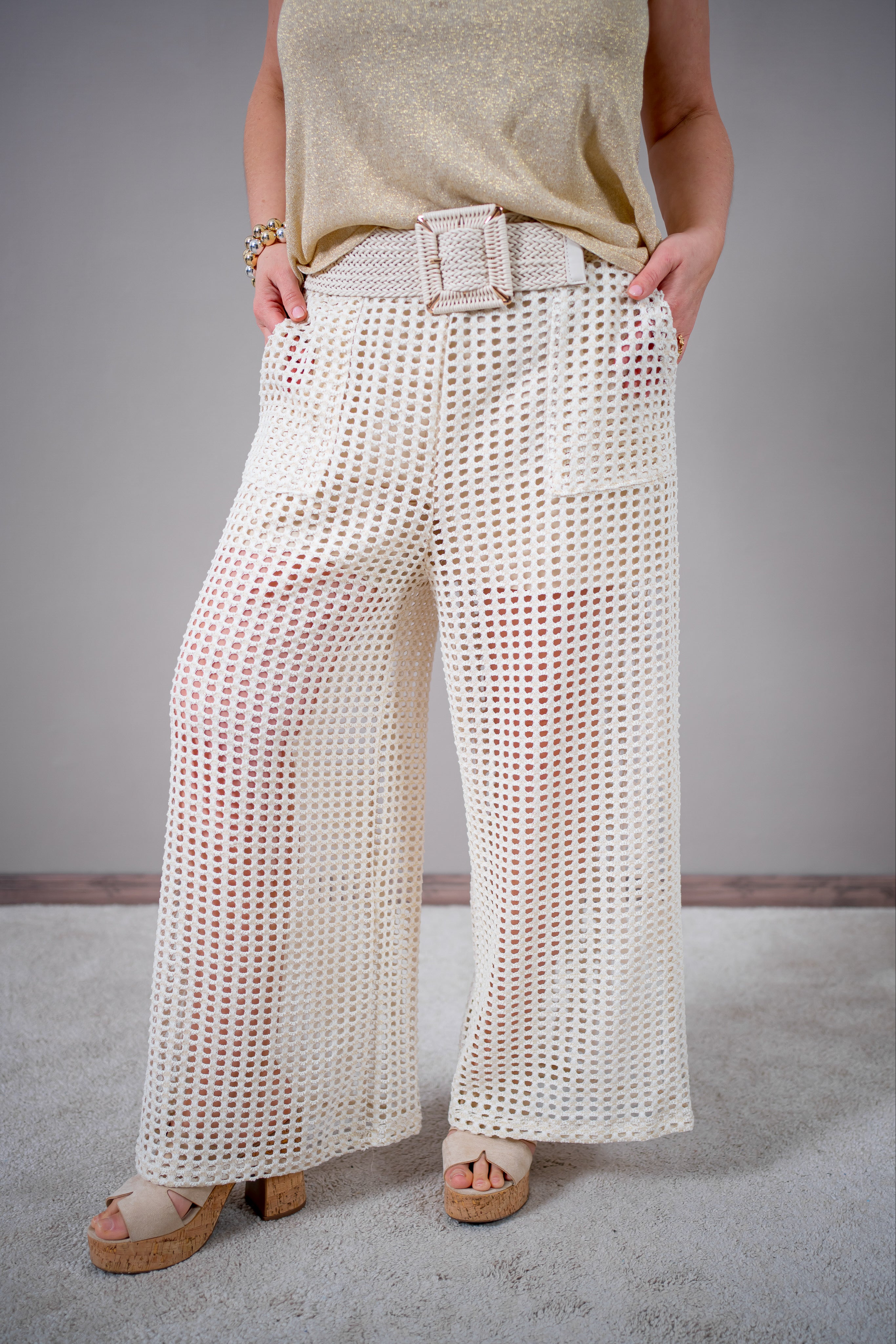 Lochstrick-Hose, beige-gold