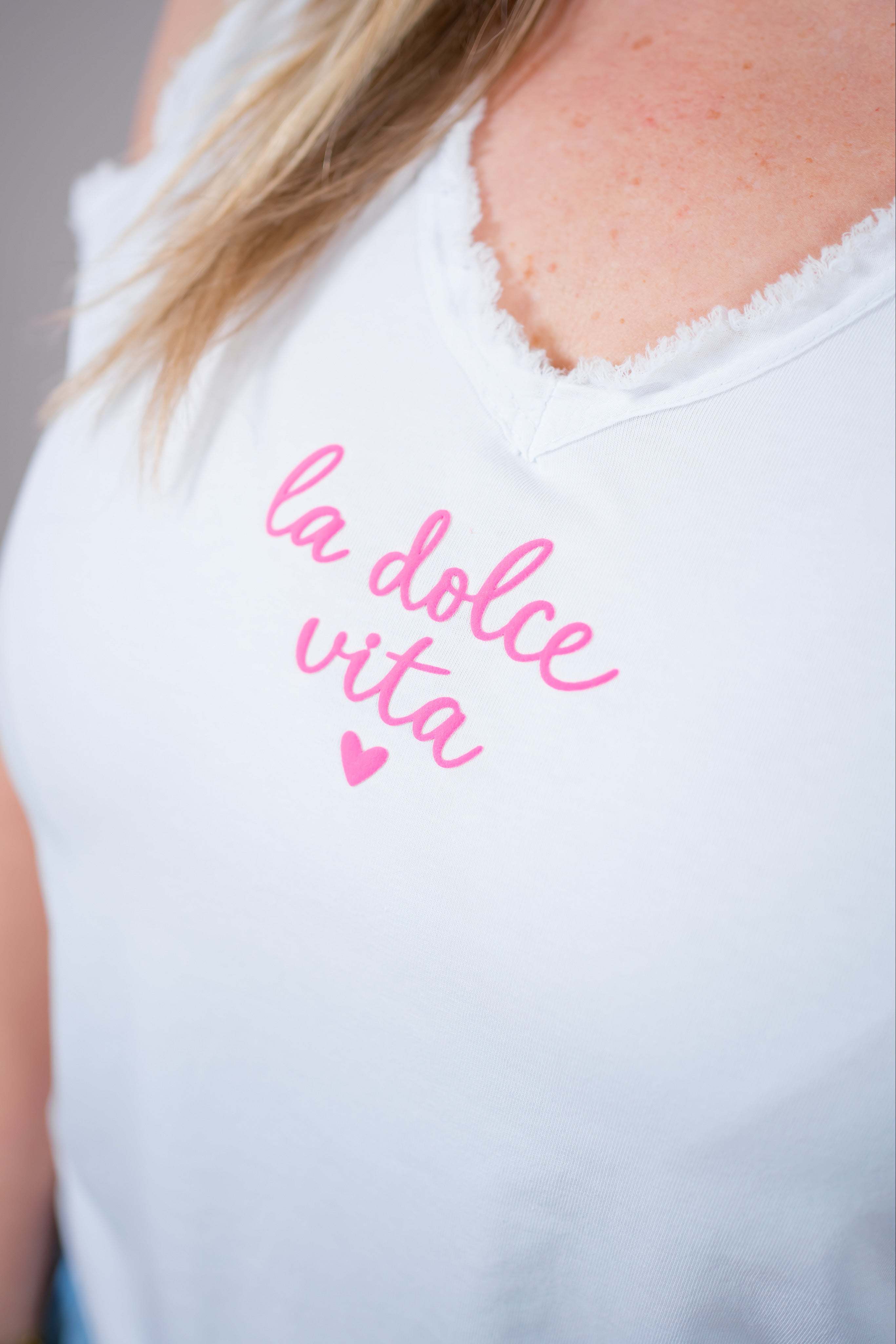 Ärmelloses Top mit "la dolce vita", weiß/pink