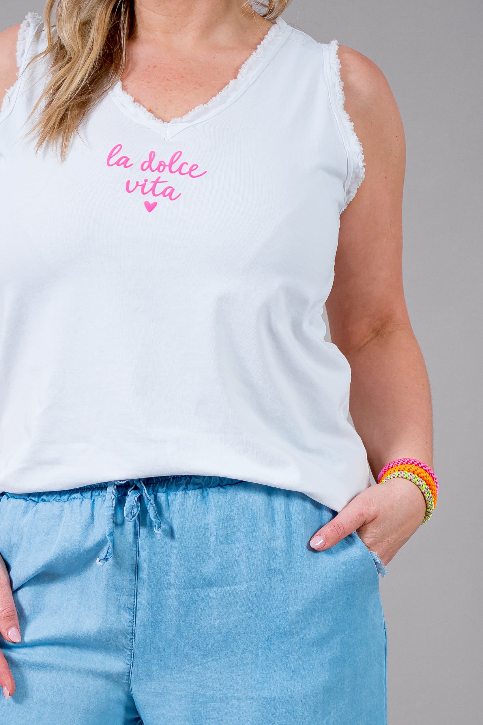 Ärmelloses Top mit "la dolce vita", weiß/pink