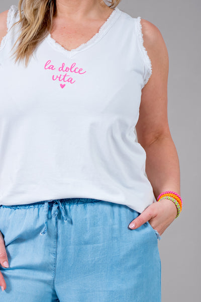 Ärmelloses Top mit "la dolce vita", weiß/pink