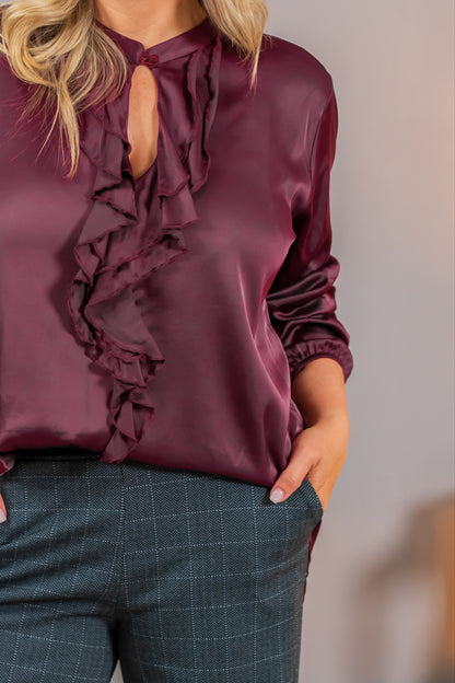 Viskose-Bluse mit femininen Rüschen, bordeaux