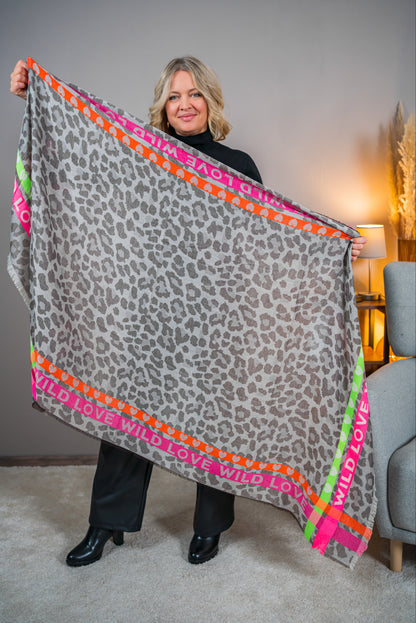 Schal mit Leomuster und Neon-Details, grau