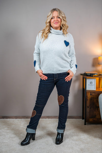 Rollkragenpullover mit Herz-Details, grau