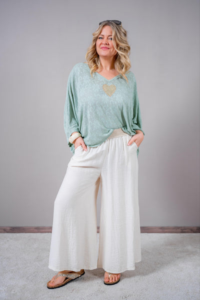 Oversize Shirt mit Lochmuster und goldenem Glitzer-Herz, salbei