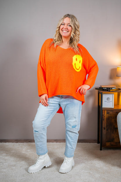 Strickpullover mit Smiley-Motiv, orange