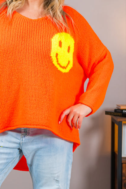 Strickpullover mit Smiley-Motiv, orange