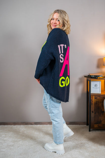 Strickpullover mit Smiley-Motiv, dunkelblau