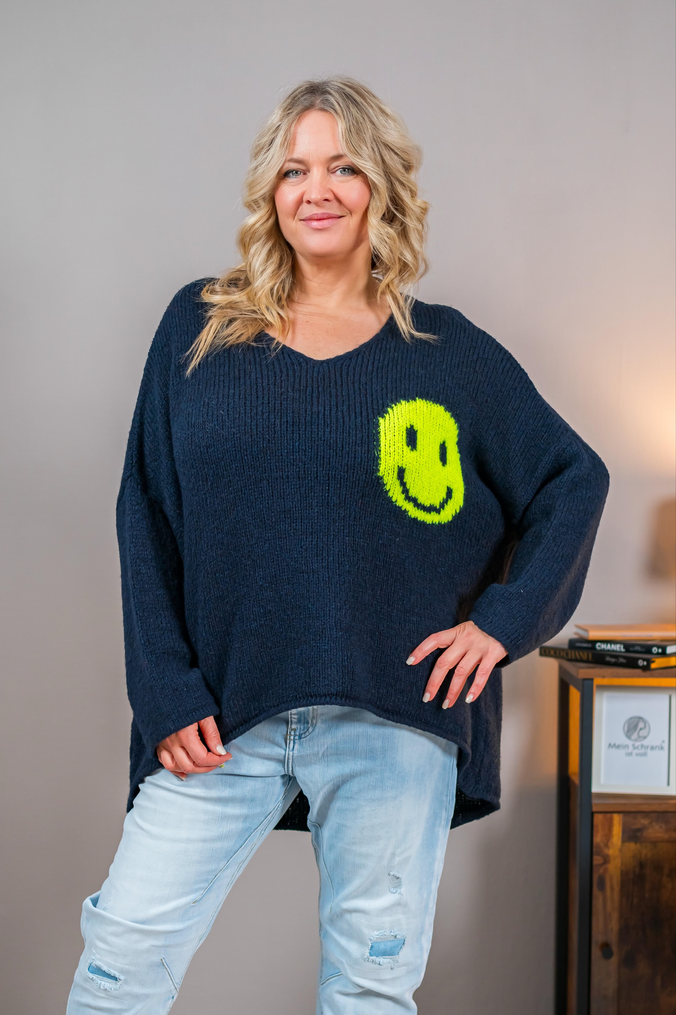 Strickpullover mit Smiley-Motiv, dunkelblau