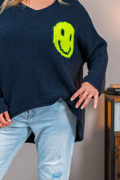 Strickpullover mit Smiley-Motiv, dunkelblau
