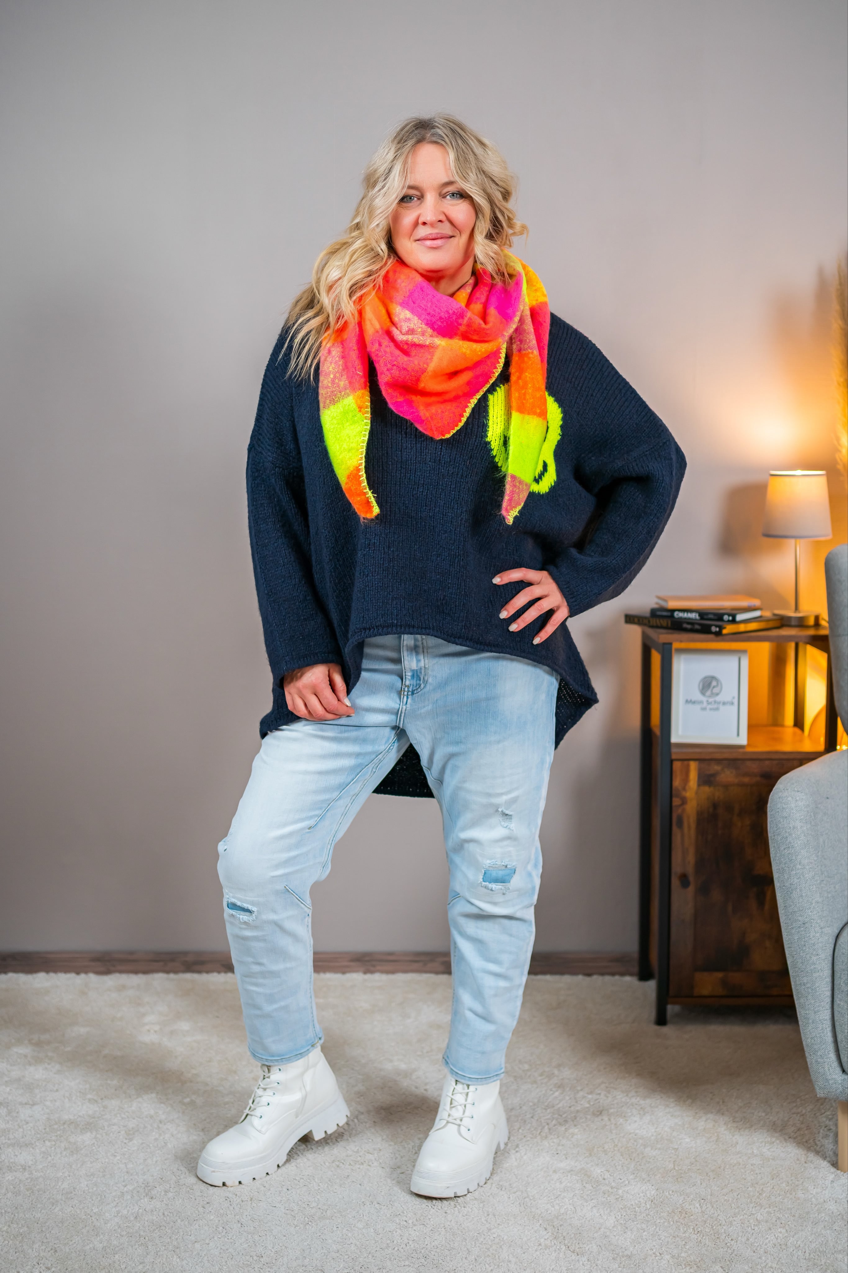 Strickpullover mit Smiley-Motiv, dunkelblau