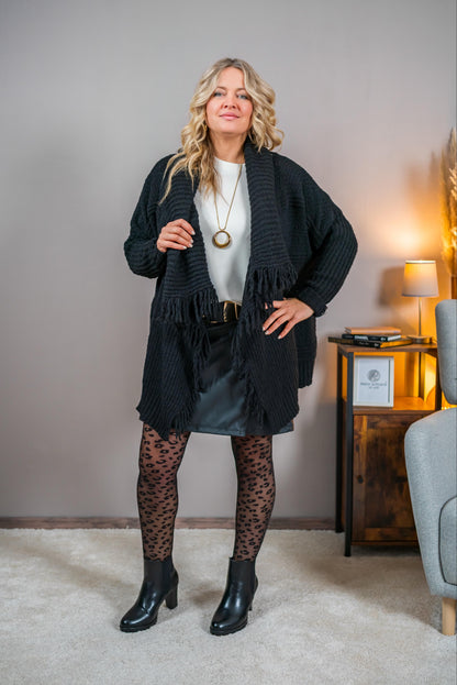 Grobstrick-Cardigan mit Fransen, schwarz