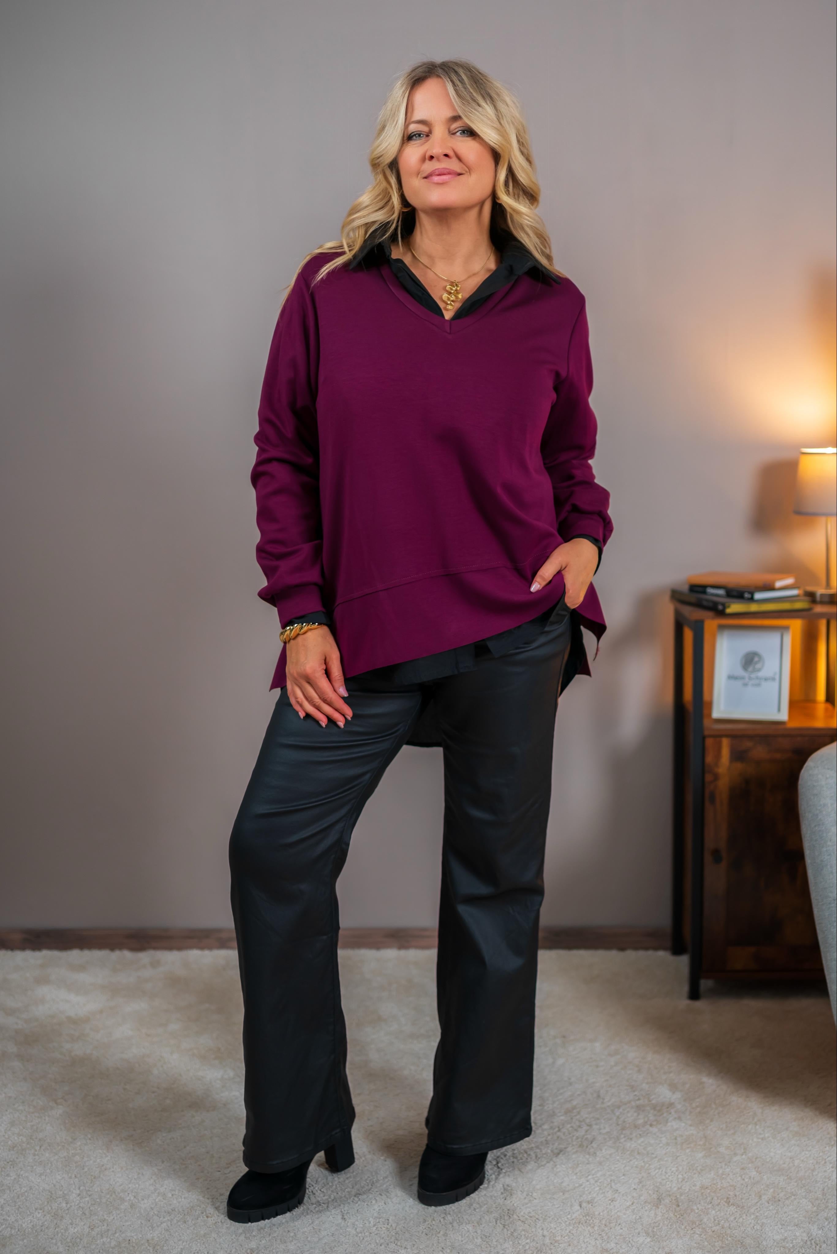 Oversize Sweatshirt mit V-Ausschnitt, magenta