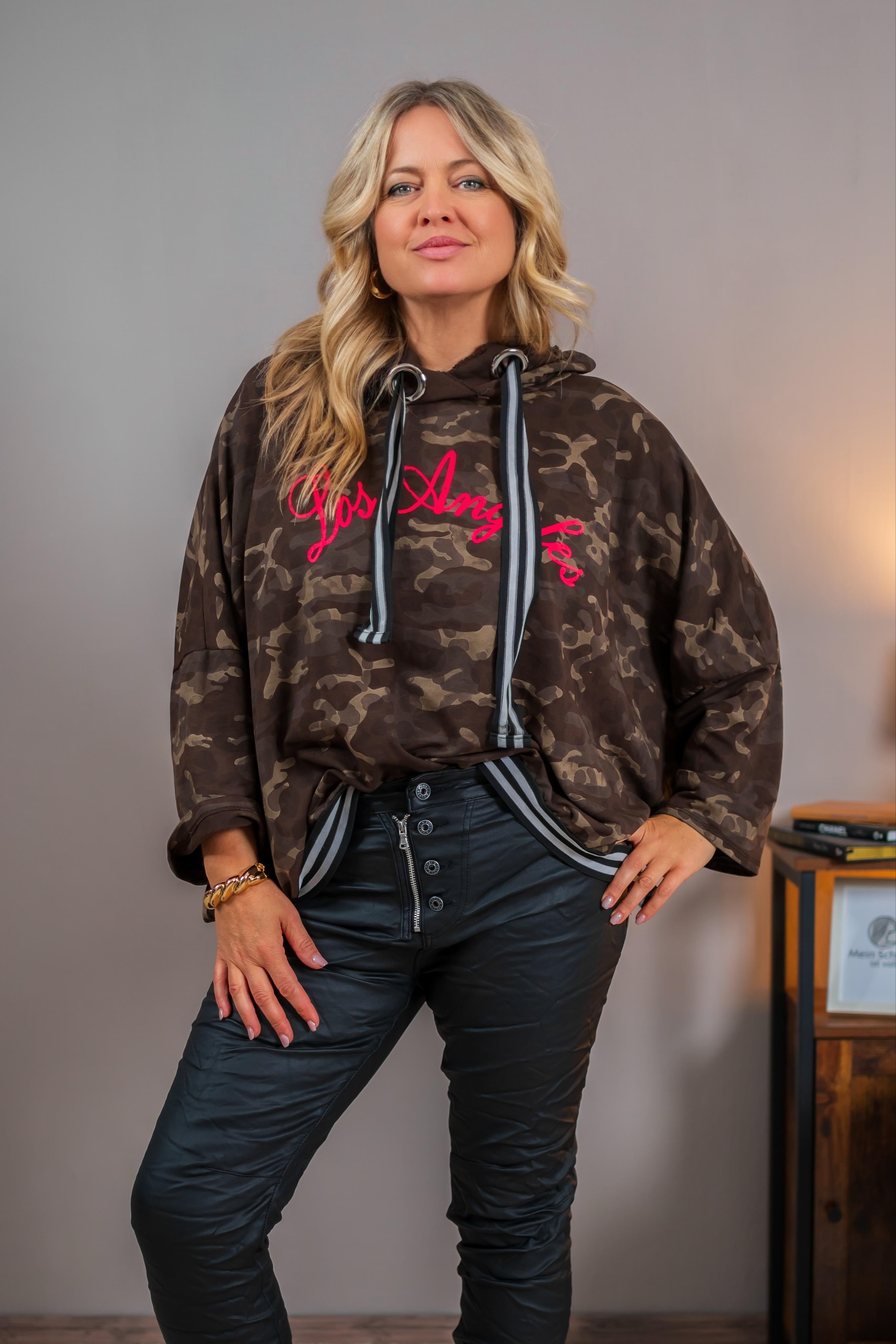Oversize Sweatshirt mit Camouflage-Print und Kapuze, dunkelbraun