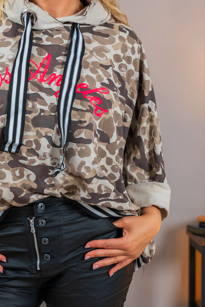 Oversize Sweatshirt mit Camouflage-Print und Kapuze, beige/sand