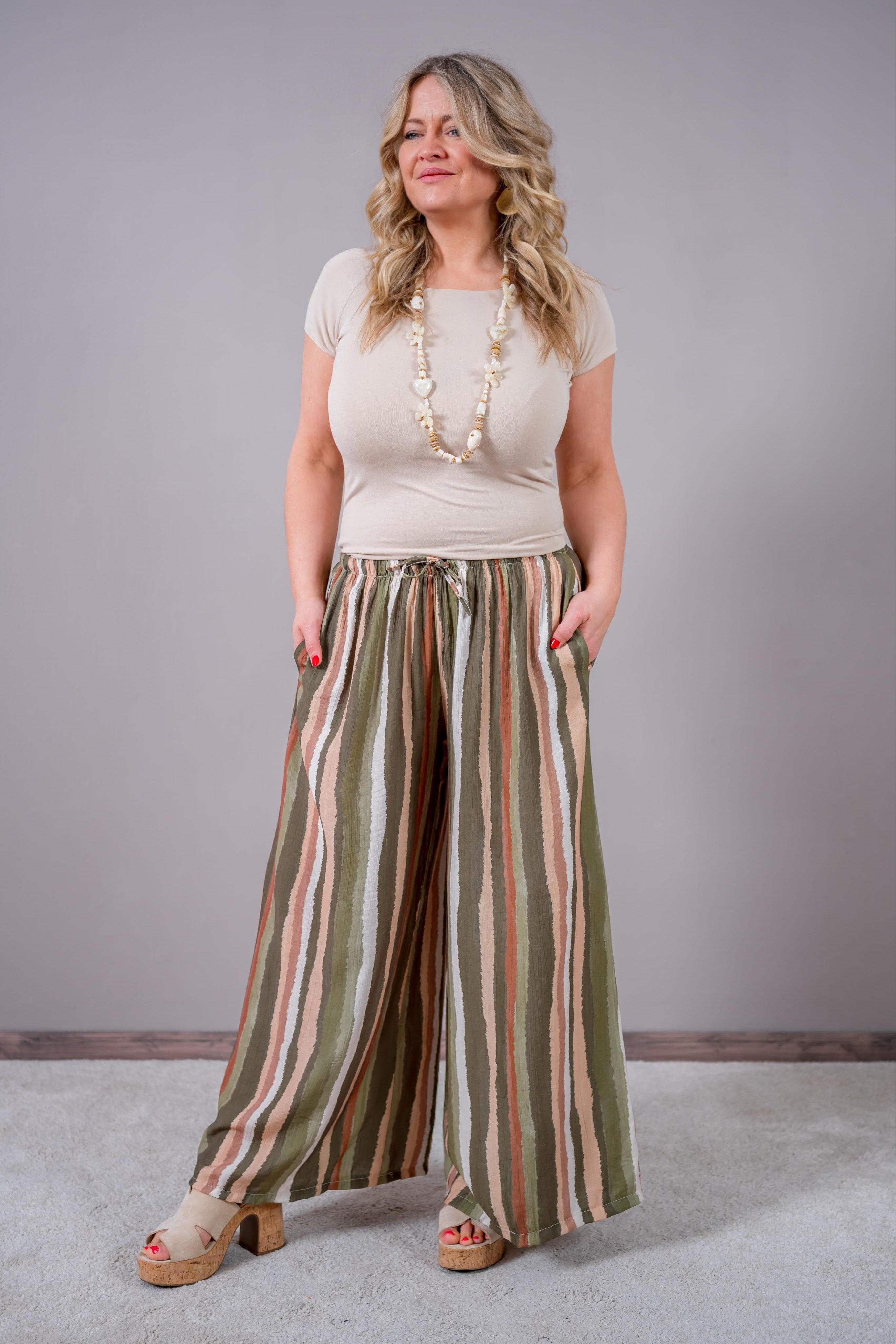Weite Hose mit Streifendesign, grün/creme/braun